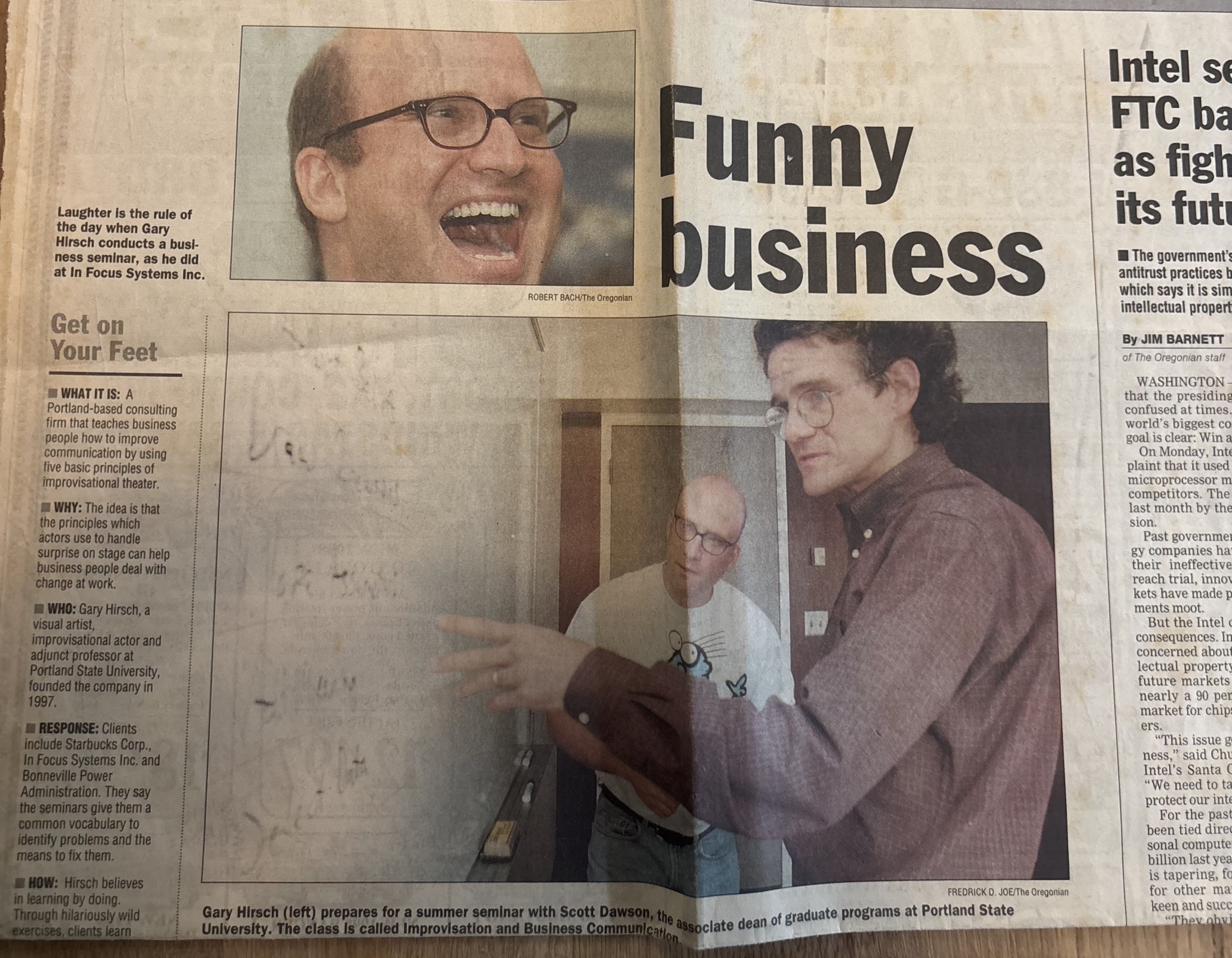 A 1998 newspaper feature titled Funny Business showing Scott Dawson and On Your Feet co-founder Gary Hirsch